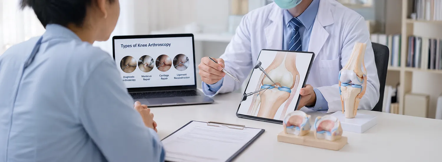 Orthopedic doctor explaining types of knee arthroscopy using a digital tablet diagram and anatomical knee models.